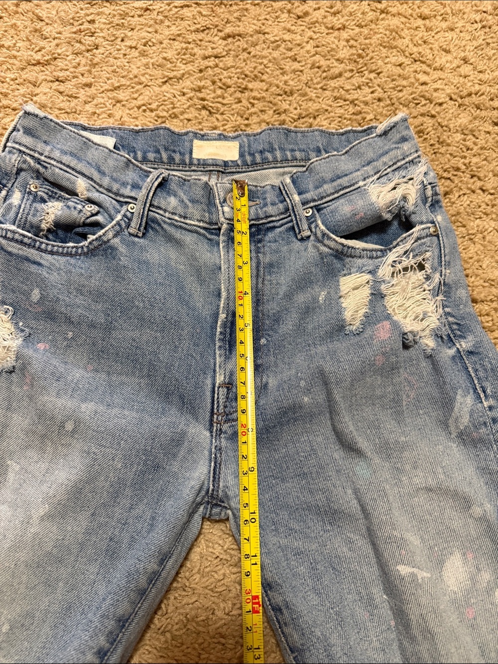MOTHER Blue Straight-Leg Distressed Jeans with Paint Accents - Picture 6 of 6